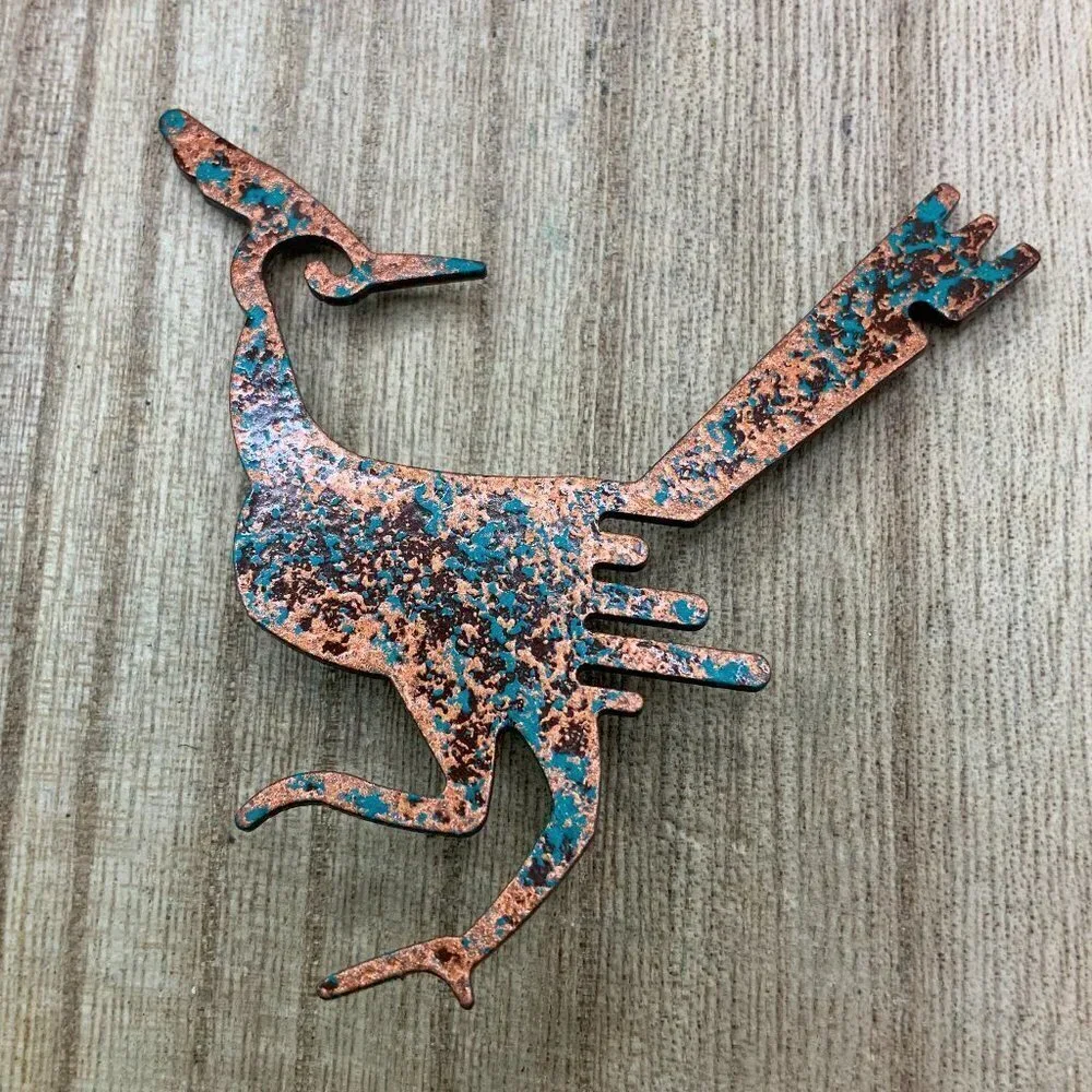 Road Runner Copper Turquoise Folk Art Brooch Pin